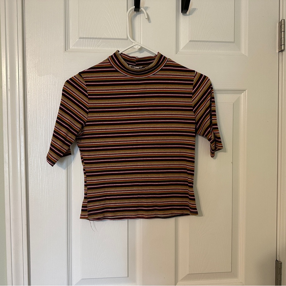 Chic Striped Short Sleeve Top - Multicolor
